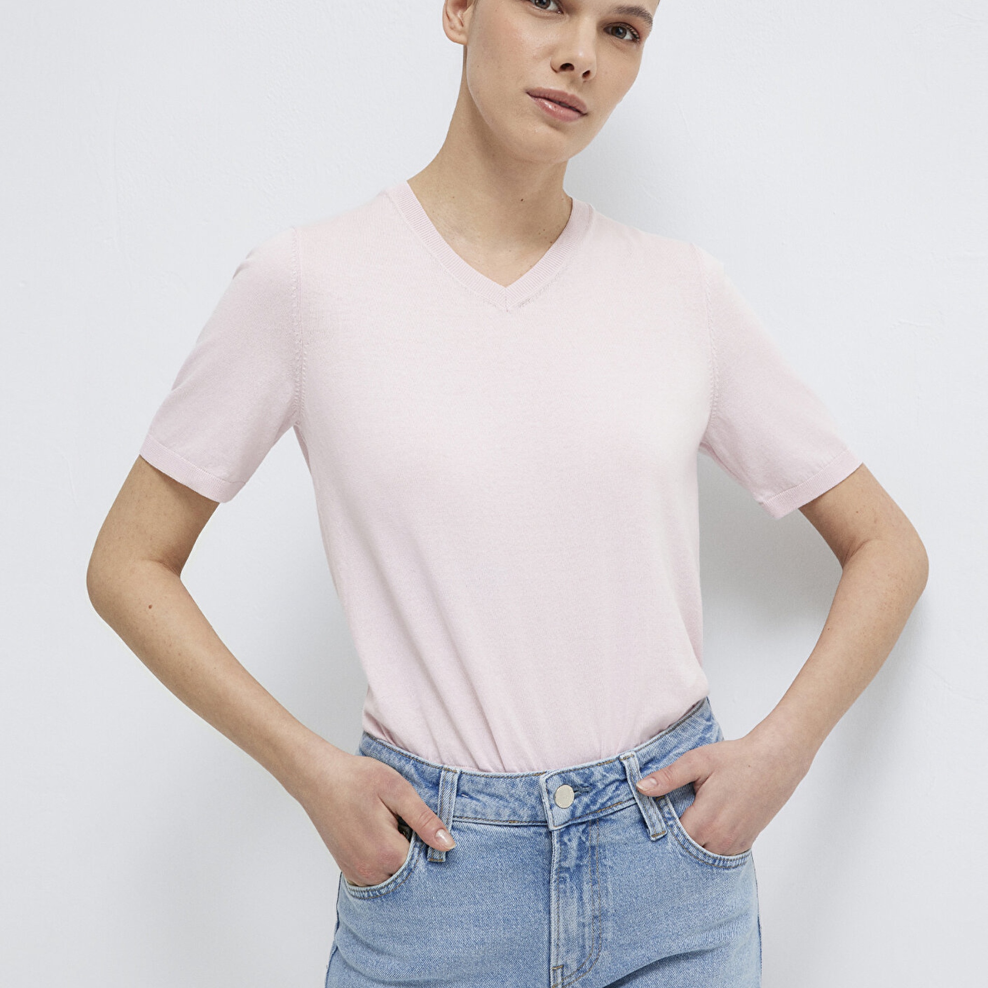 Mavi V-Yaka Pembe Kazak Regular Fit / Normal Kesim 1710868-70969