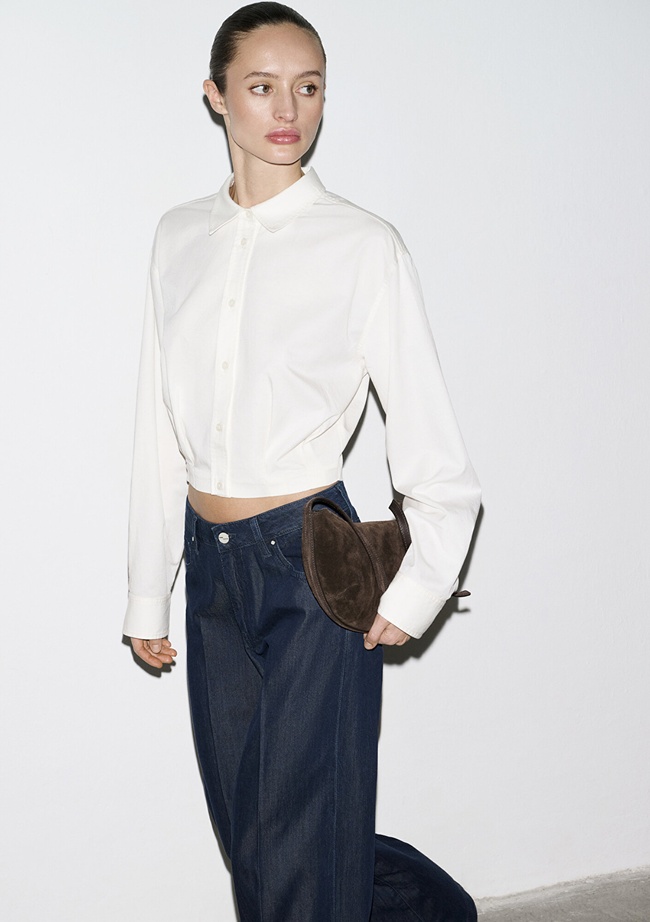  Mavi Ekru Crop Gömlek Loose Fit / Bol Rahat Kesim 1211430-70057