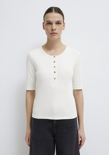  Mavi Düğme Detaylı Ekru Tişört Fitted / Vücuda Oturan Kesim 1613852-70051