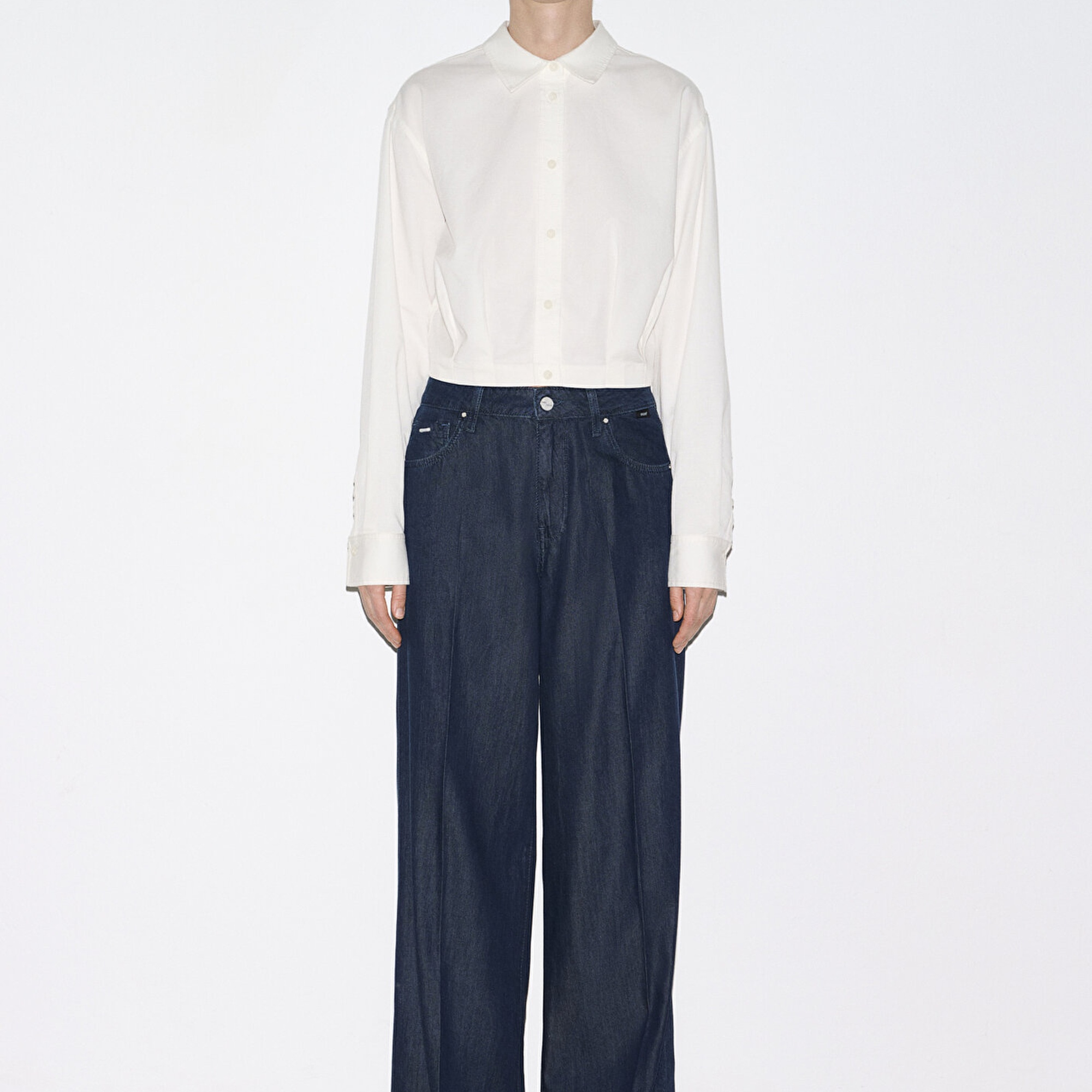 Mavi Ekru Crop Gömlek Loose Fit / Bol Rahat Kesim 1211430-70057