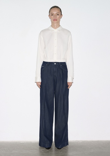  Mavi Ekru Crop Gömlek Loose Fit / Bol Rahat Kesim 1211430-70057