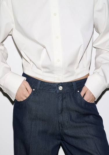  Mavi Ekru Crop Gömlek Loose Fit / Bol Rahat Kesim 1211430-70057