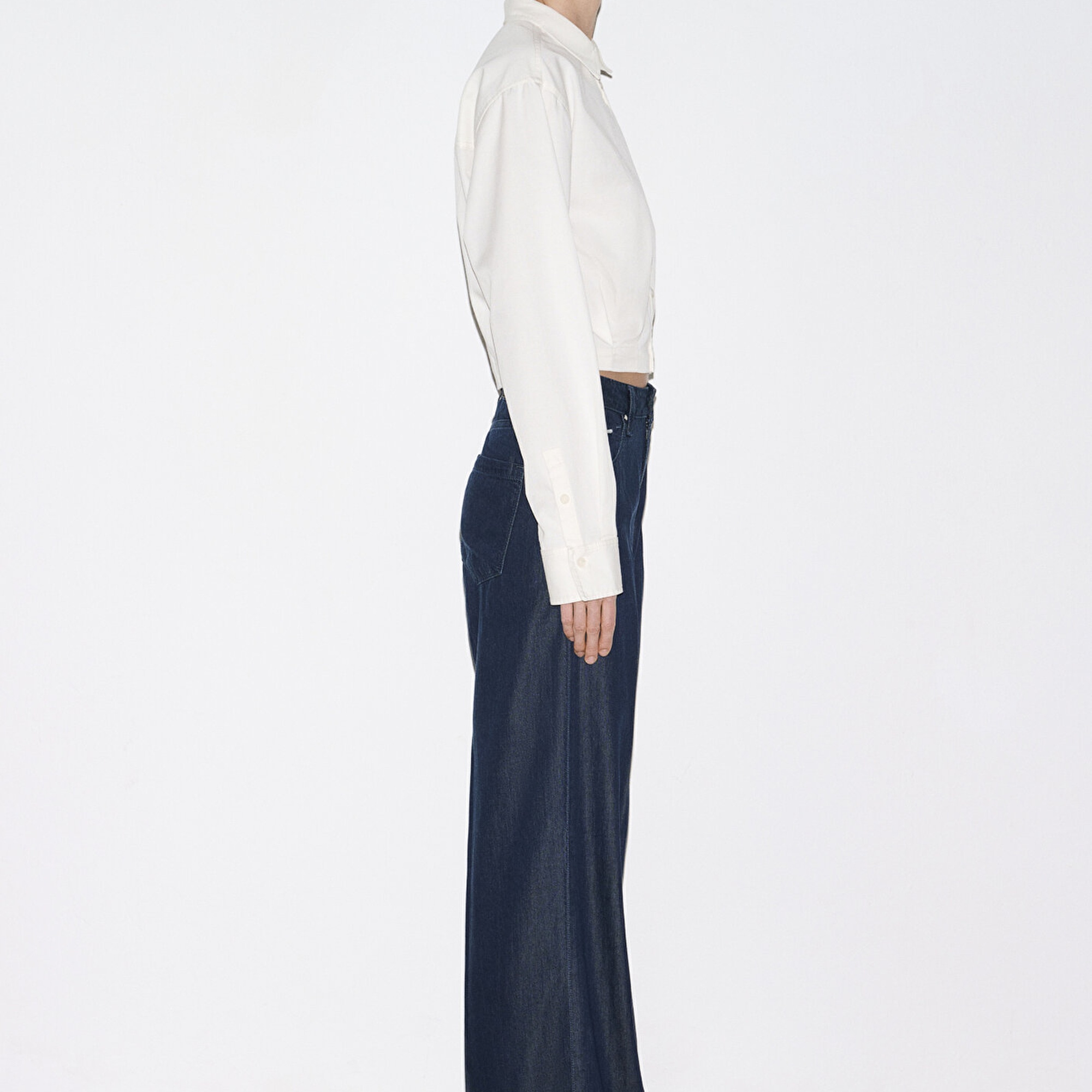 Mavi Ekru Crop Gömlek Loose Fit / Bol Rahat Kesim 1211430-70057