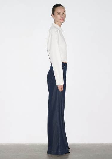  Mavi Ekru Crop Gömlek Loose Fit / Bol Rahat Kesim 1211430-70057