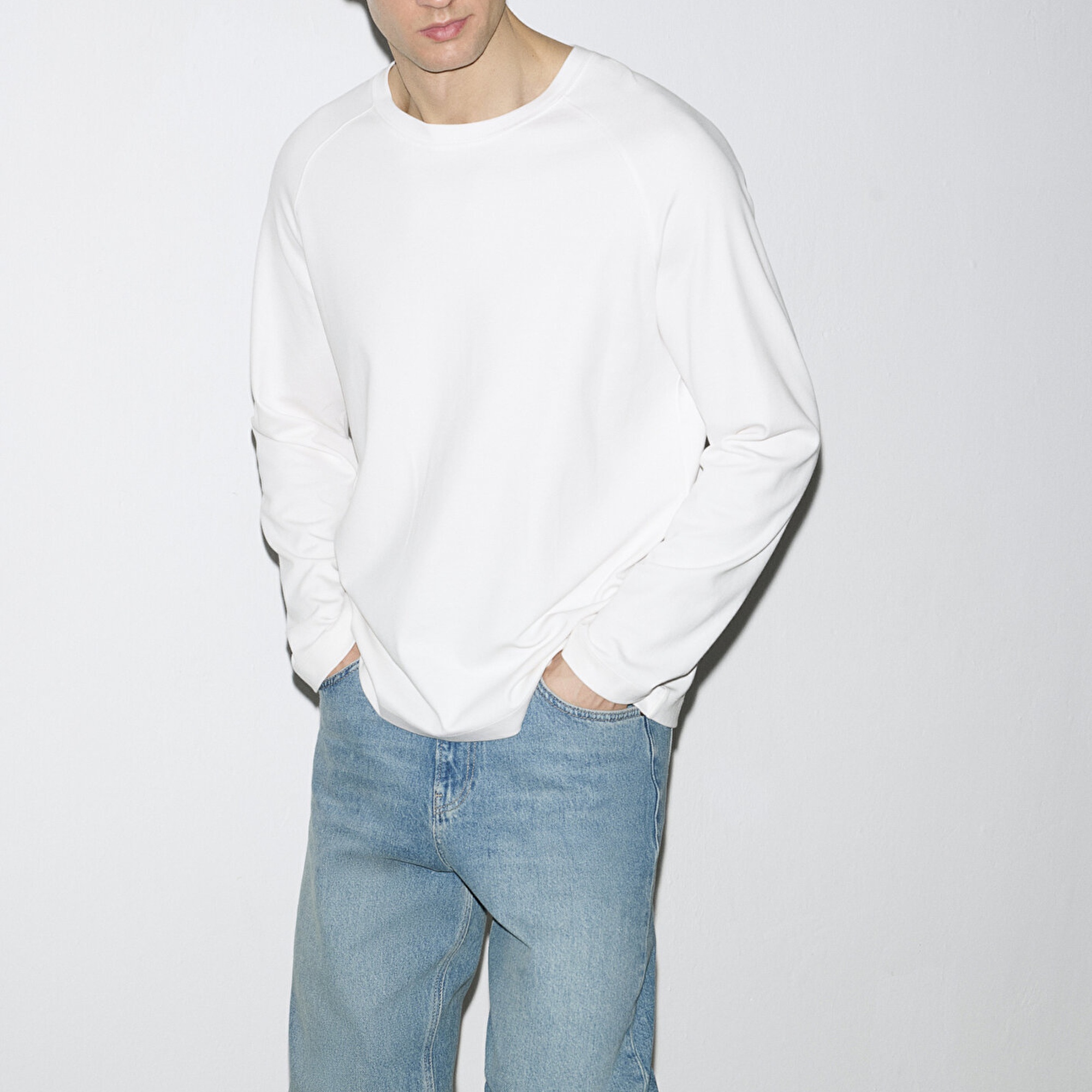 Mavi Uzun Kollu Ekru Basic Tişört Loose Fit / Bol Rahat Kesim 0613169-70057