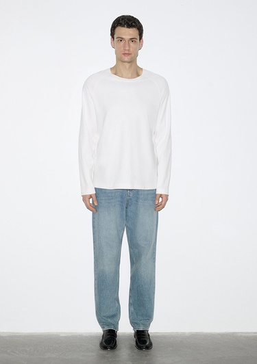  Mavi Uzun Kollu Ekru Basic Tişört Loose Fit / Bol Rahat Kesim 0613169-70057