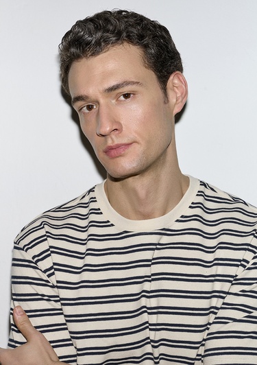  Mavi Lacivert Çizgili Ekru Tişört Loose Fit / Bol Rahat Kesim 0613166-83699