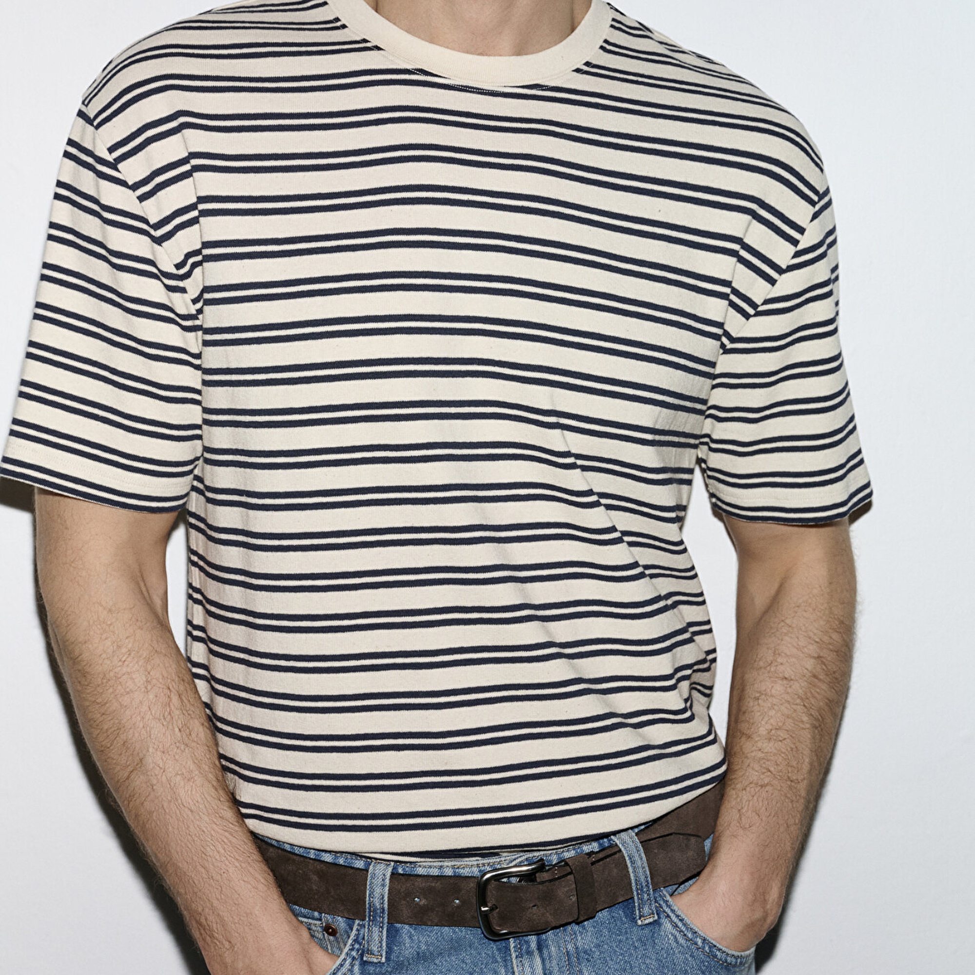 Mavi Lacivert Çizgili Ekru Tişört Loose Fit / Bol Rahat Kesim 0613166-83699
