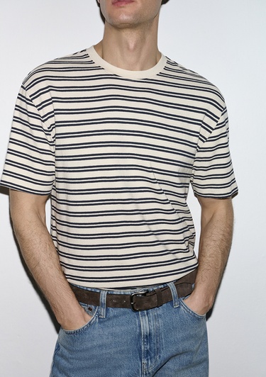 Mavi Lacivert Çizgili Ekru Tişört Loose Fit / Bol Rahat Kesim 0613166-83699