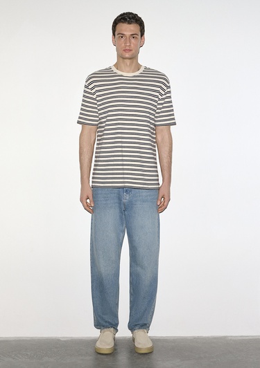  Mavi Lacivert Çizgili Ekru Tişört Loose Fit / Bol Rahat Kesim 0613166-83699