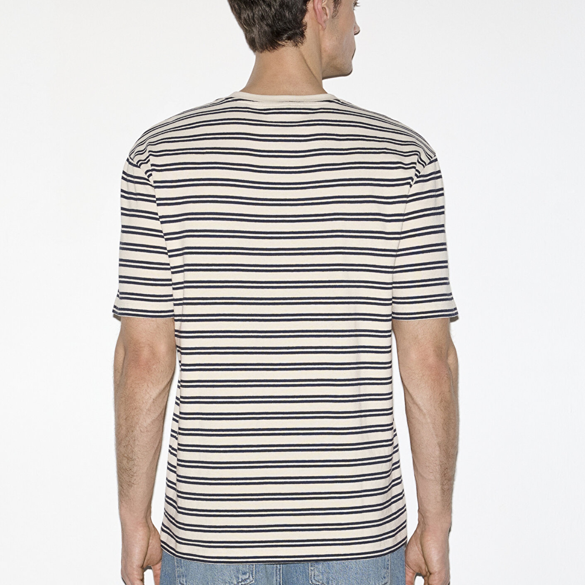 Mavi Lacivert Çizgili Ekru Tişört Loose Fit / Bol Rahat Kesim 0613166-83699