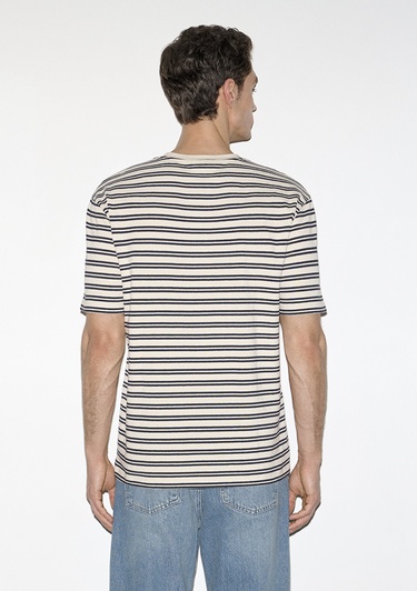  Mavi Lacivert Çizgili Ekru Tişört Loose Fit / Bol Rahat Kesim 0613166-83699