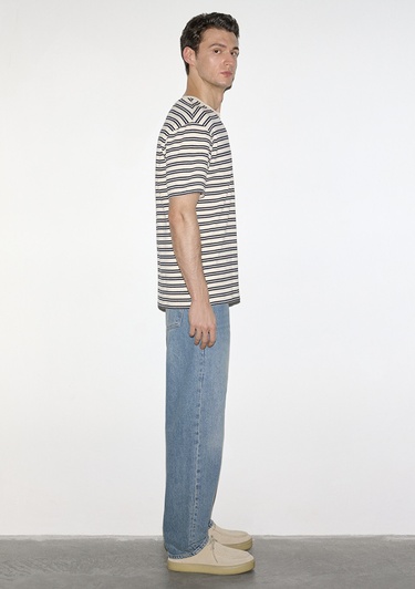  Mavi Lacivert Çizgili Ekru Tişört Loose Fit / Bol Rahat Kesim 0613166-83699