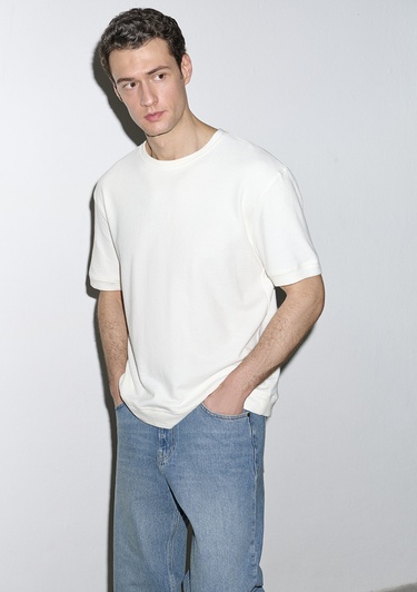  Mavi Bisiklet Yaka Ekru Tişört Loose Fit / Bol Rahat Kesim 0613161-70057