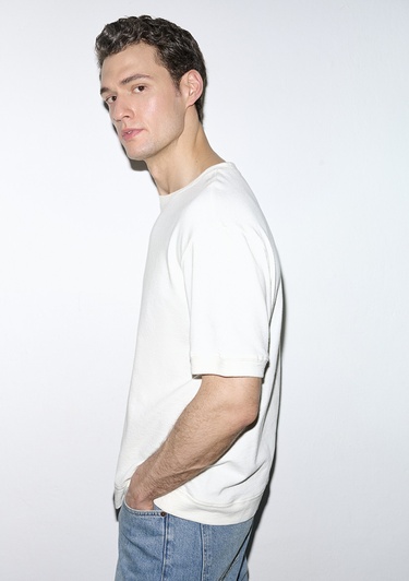  Mavi Bisiklet Yaka Ekru Tişört Loose Fit / Bol Rahat Kesim 0613161-70057