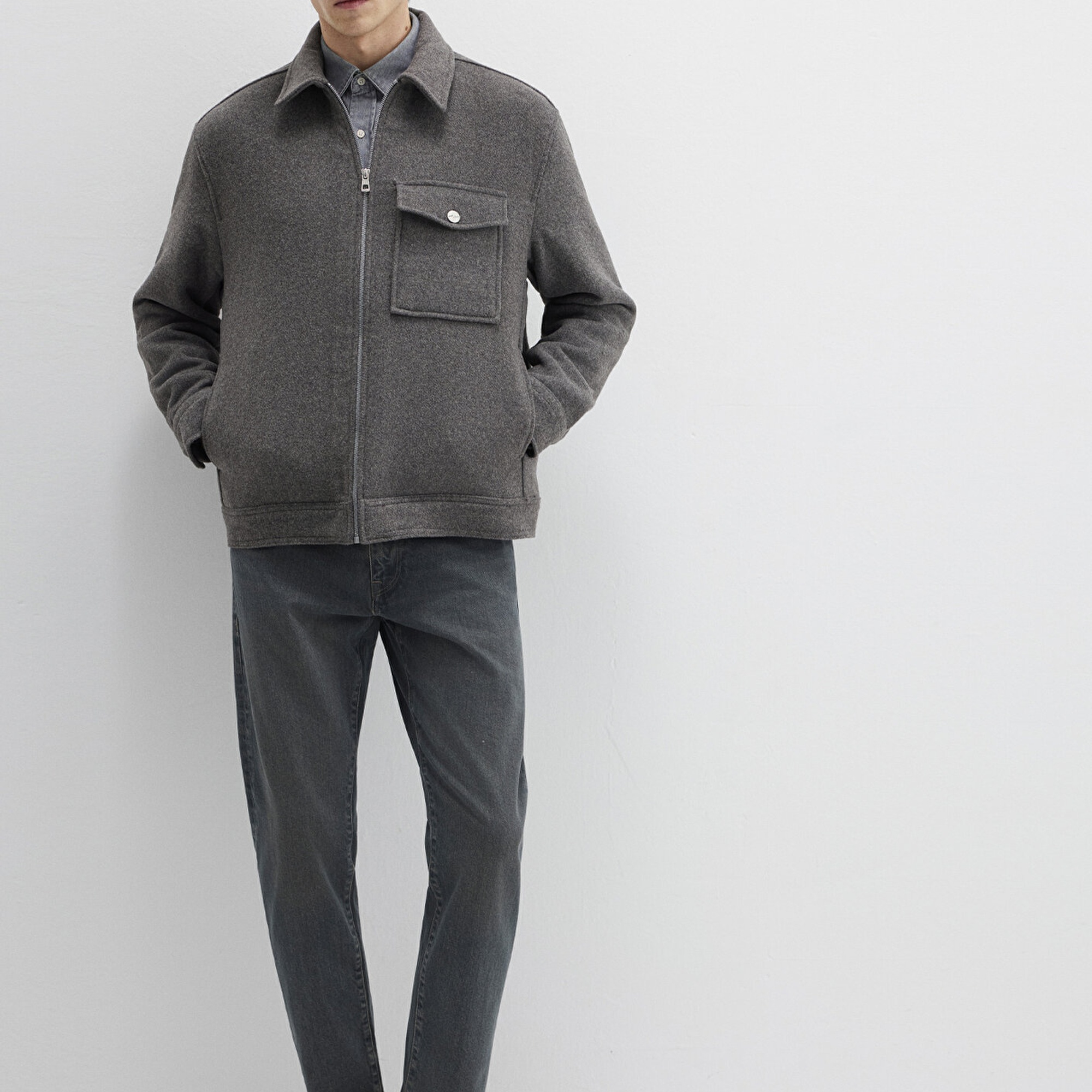 Mavi Yün Karışımlı Gri Gömlek Loose Fit / Bol Rahat Kesim 0211804-80024