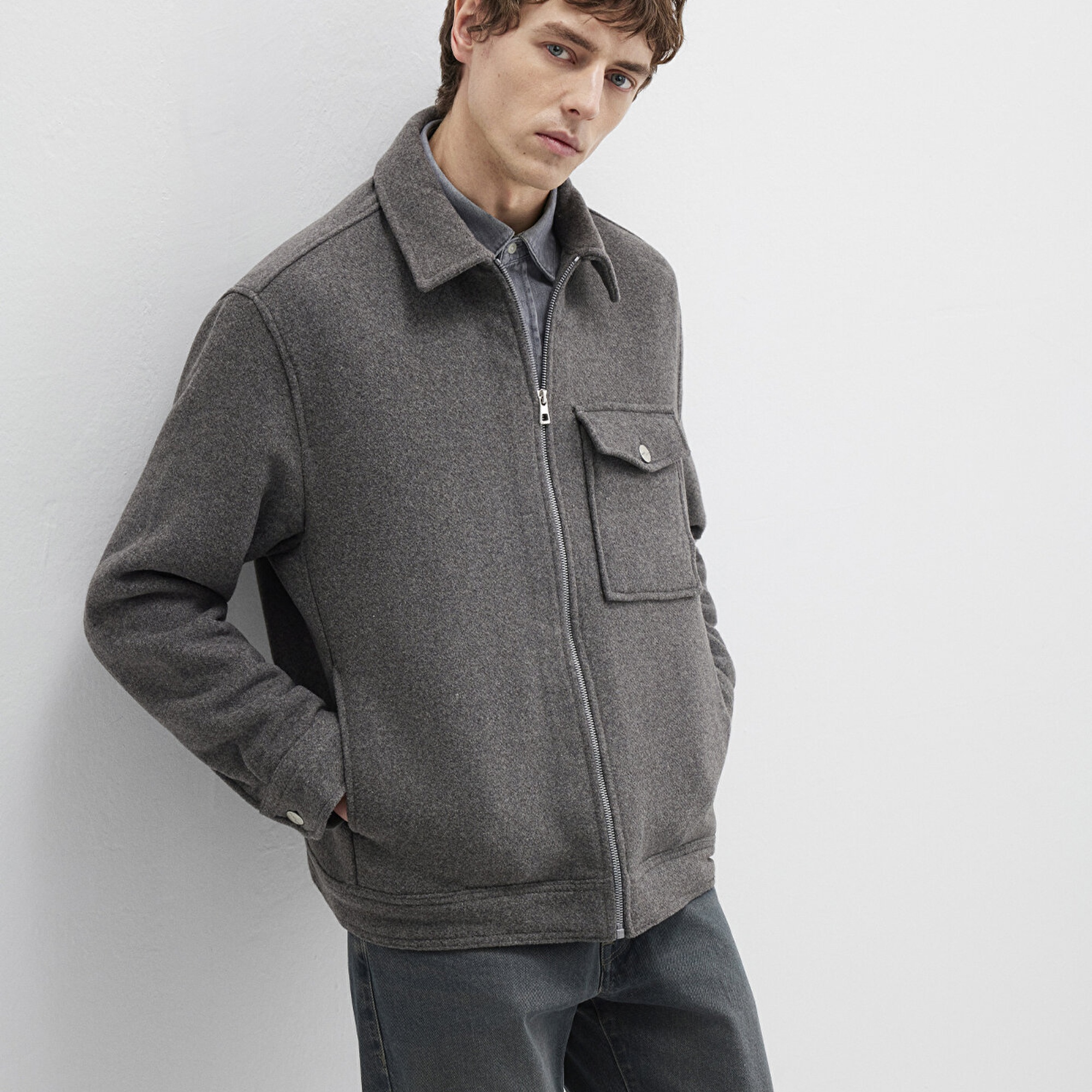 Mavi Yün Karışımlı Gri Gömlek Loose Fit / Bol Rahat Kesim 0211804-80024