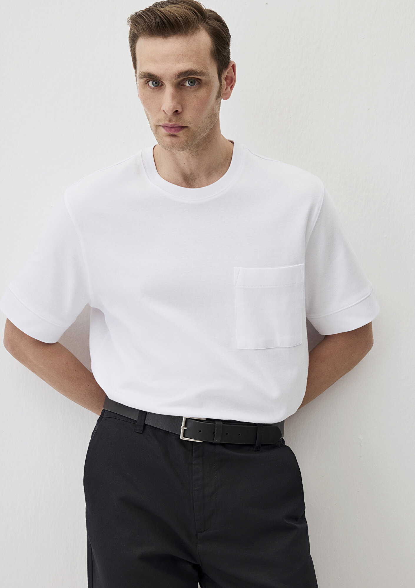  Mavi Cepli Beyaz Basic Tişört Loose Fit / Bol Rahat Kesim 0612592-620