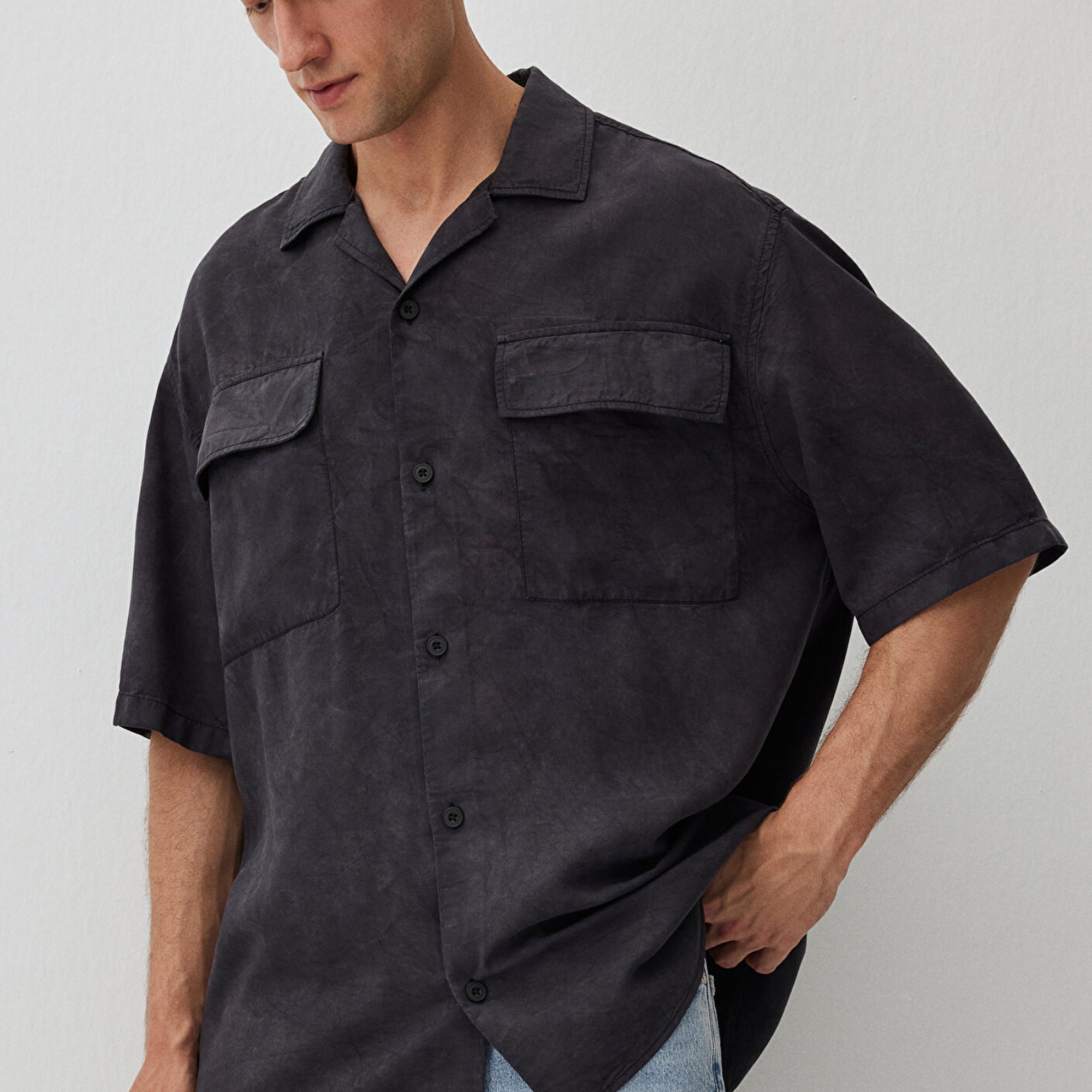 Mavi Antrasit Gömlek Loose Fit / Bol Rahat Kesim 0211119-70092