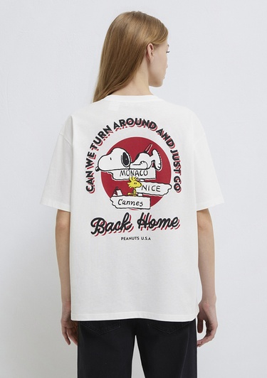  Mavi Snoopy Baskılı Ekru Tişört Loose Fit / Bol Rahat Kesim 1614055-70057