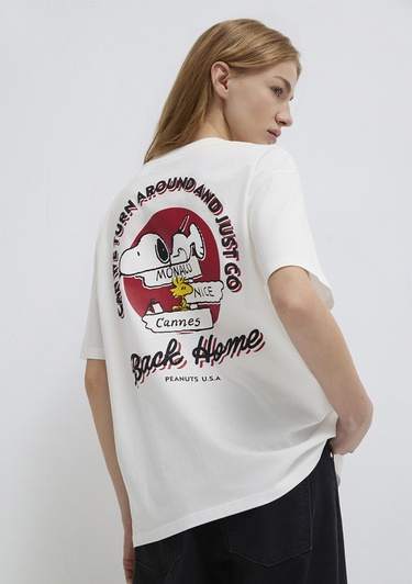  Mavi Snoopy Baskılı Ekru Tişört Loose Fit / Bol Rahat Kesim 1614055-70057