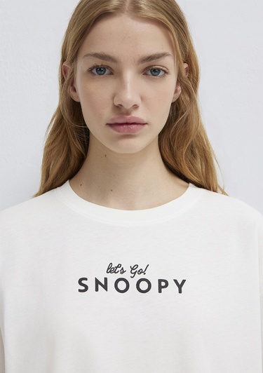  Mavi Snoopy Baskılı Ekru Tişört Loose Fit / Bol Rahat Kesim 1614055-70057
