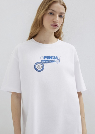  Mavi Şirinler Baskılı Beyaz Tişört Loose Fit / Bol Rahat Kesim 1614042-620