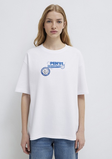  Mavi Şirinler Baskılı Beyaz Tişört Loose Fit / Bol Rahat Kesim 1614042-620