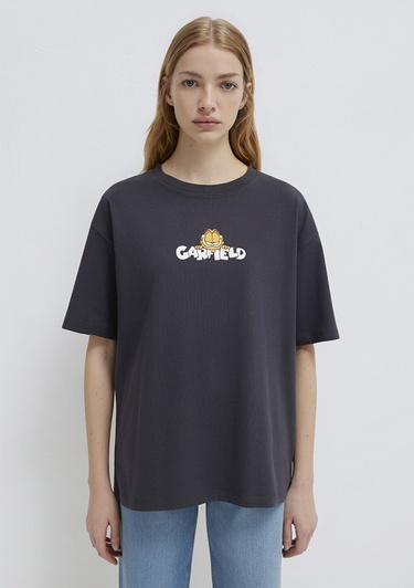  Mavi Garfield Baskılı Antrasit Tişört Loose Fit / Bol Rahat Kesim 1614051-70087