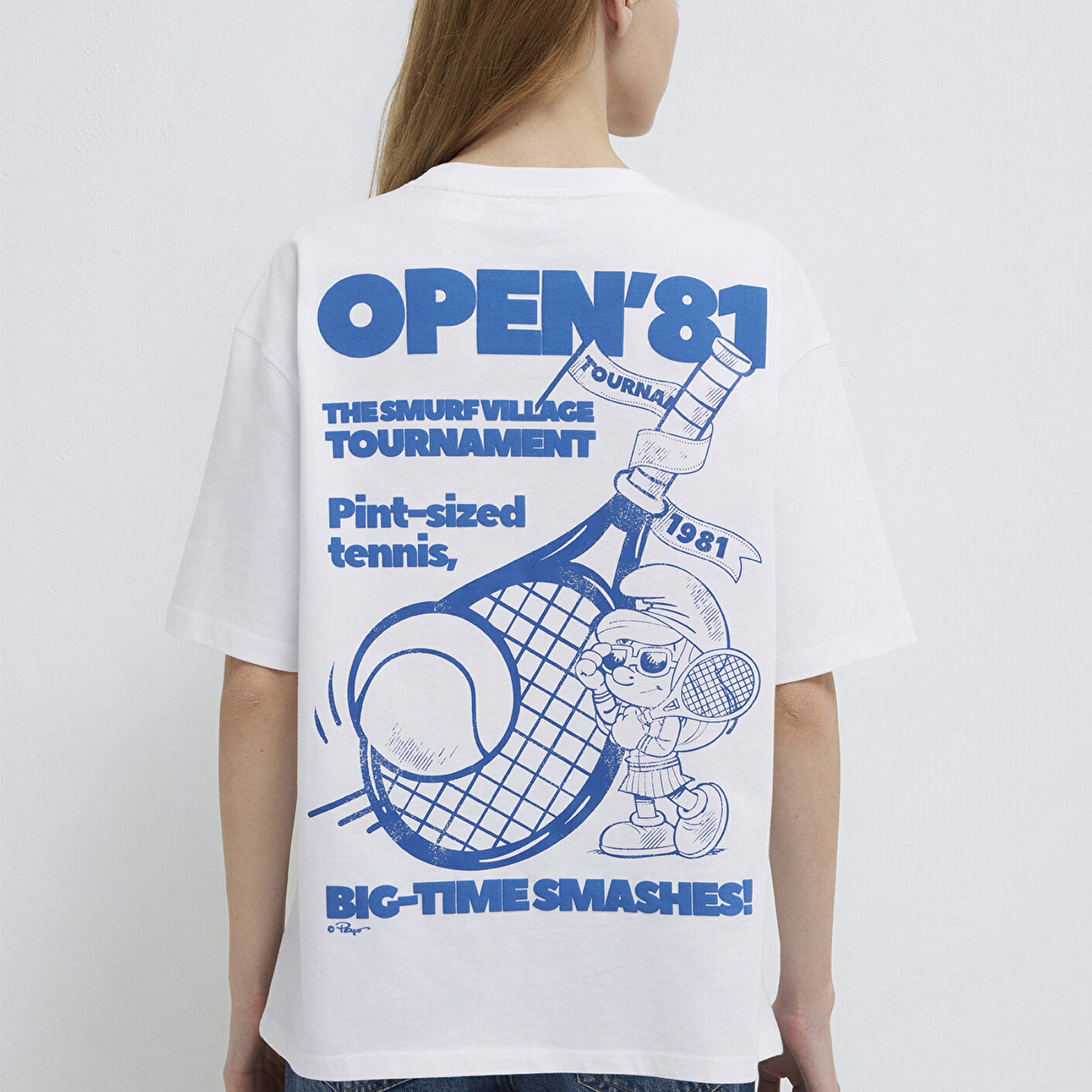 Mavi Şirinler Baskılı Beyaz Tişört Loose Fit / Bol Rahat Kesim 1614042-620