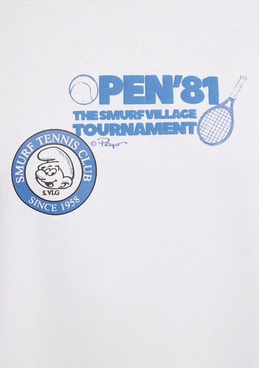  Mavi Şirinler Baskılı Beyaz Tişört Loose Fit / Bol Rahat Kesim 1614042-620