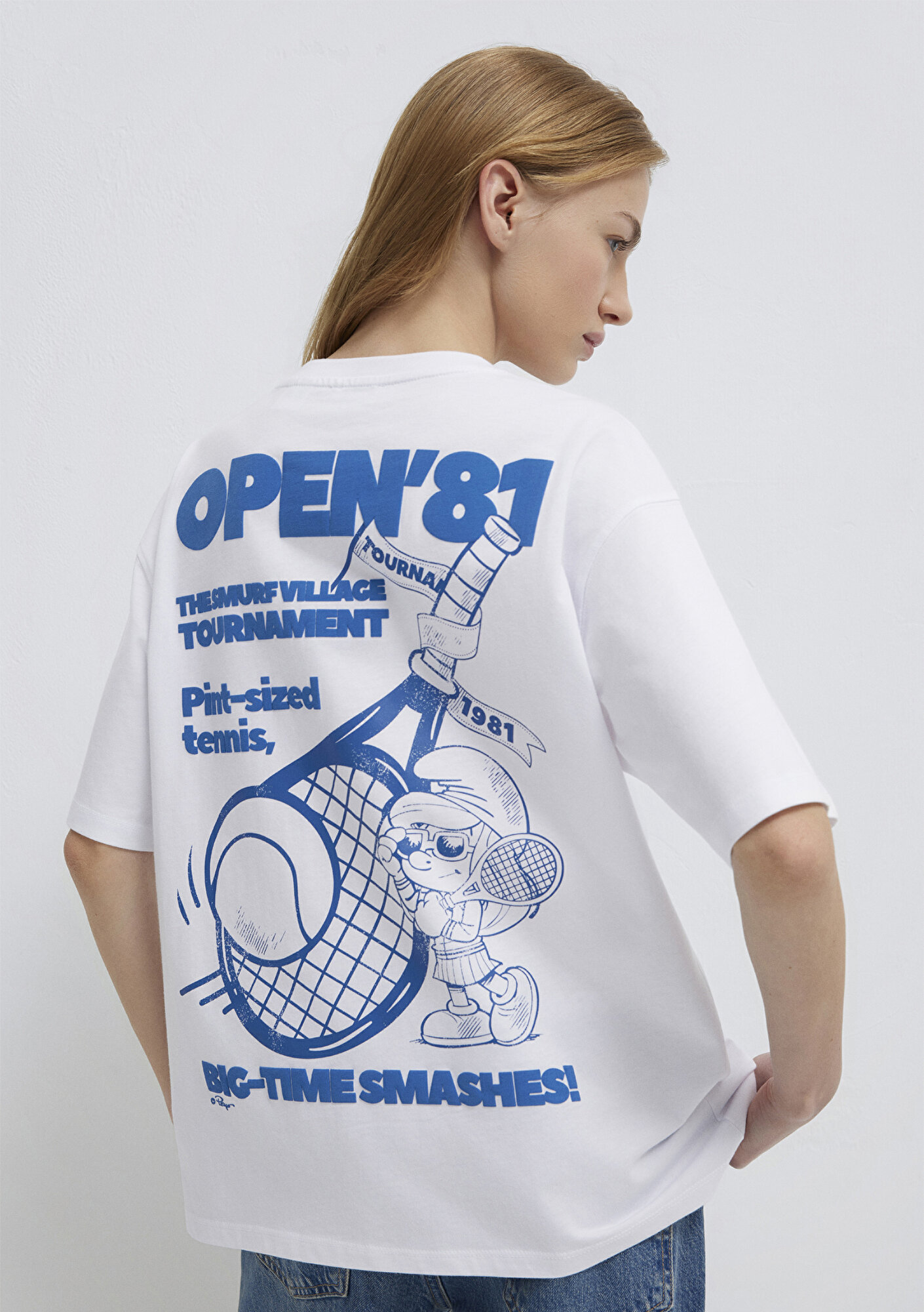  Mavi Şirinler Baskılı Beyaz Tişört Loose Fit / Bol Rahat Kesim 1614042-620