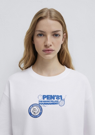  Mavi Şirinler Baskılı Beyaz Tişört Loose Fit / Bol Rahat Kesim 1614042-620