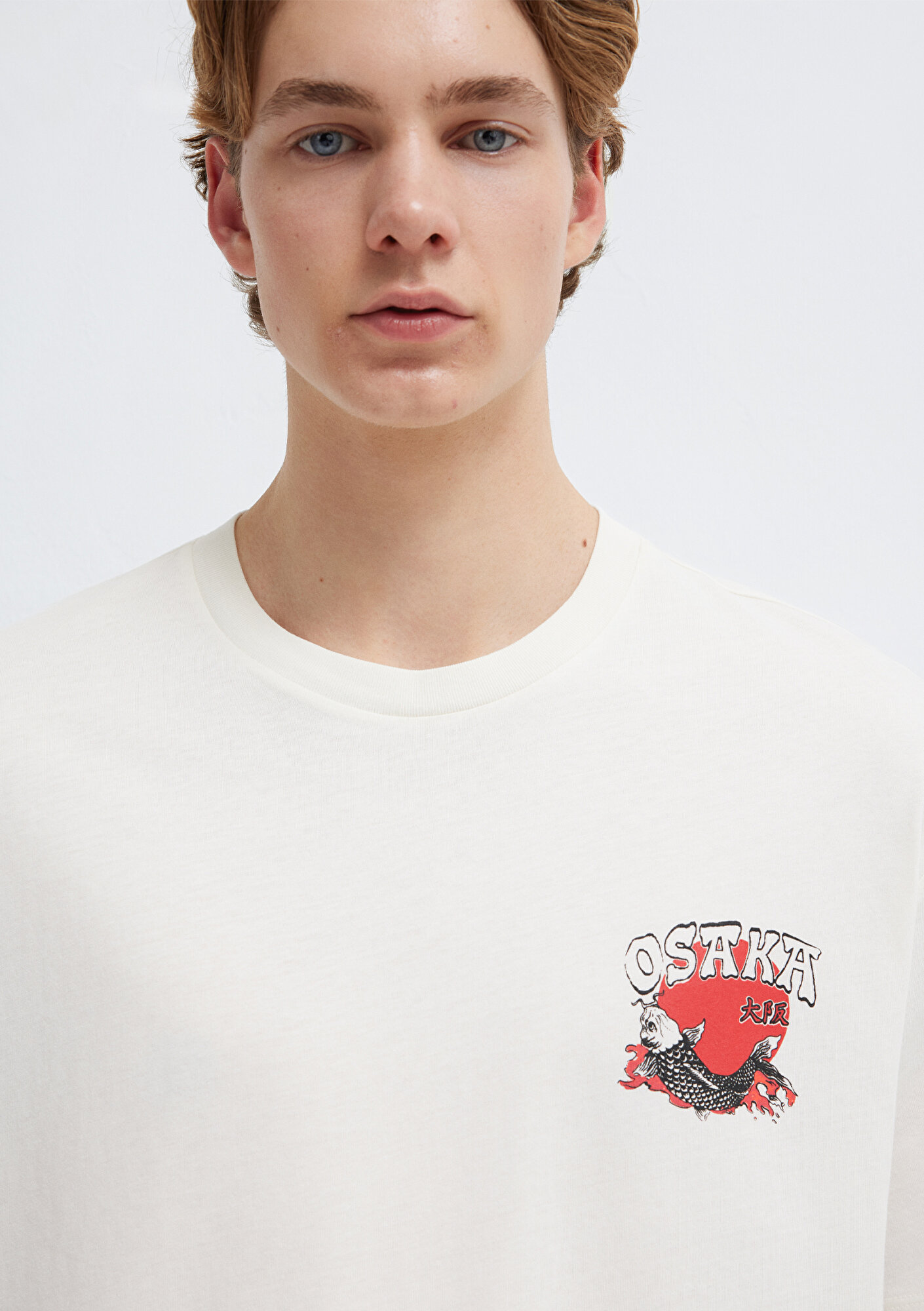 Mavi Baskılı Ekru Tişört Loose Fit / Bol Rahat Kesim 0613298-80194