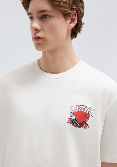  Mavi Baskılı Ekru Tişört Loose Fit / Bol Rahat Kesim 0613298-80194