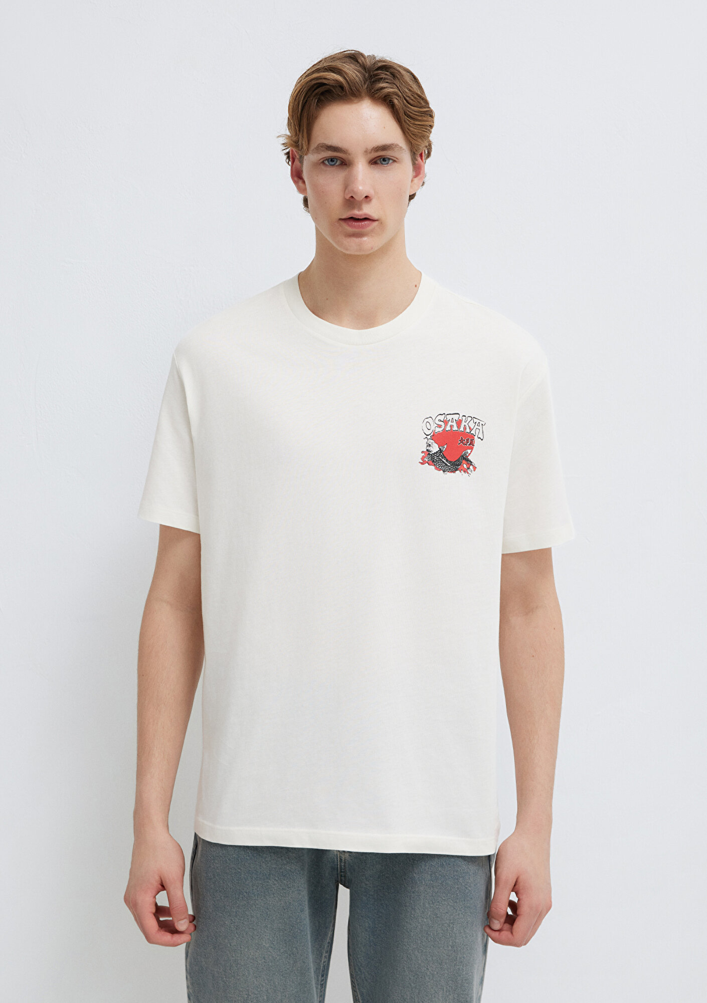 Mavi Baskılı Ekru Tişört Loose Fit / Bol Rahat Kesim 0613298-80194