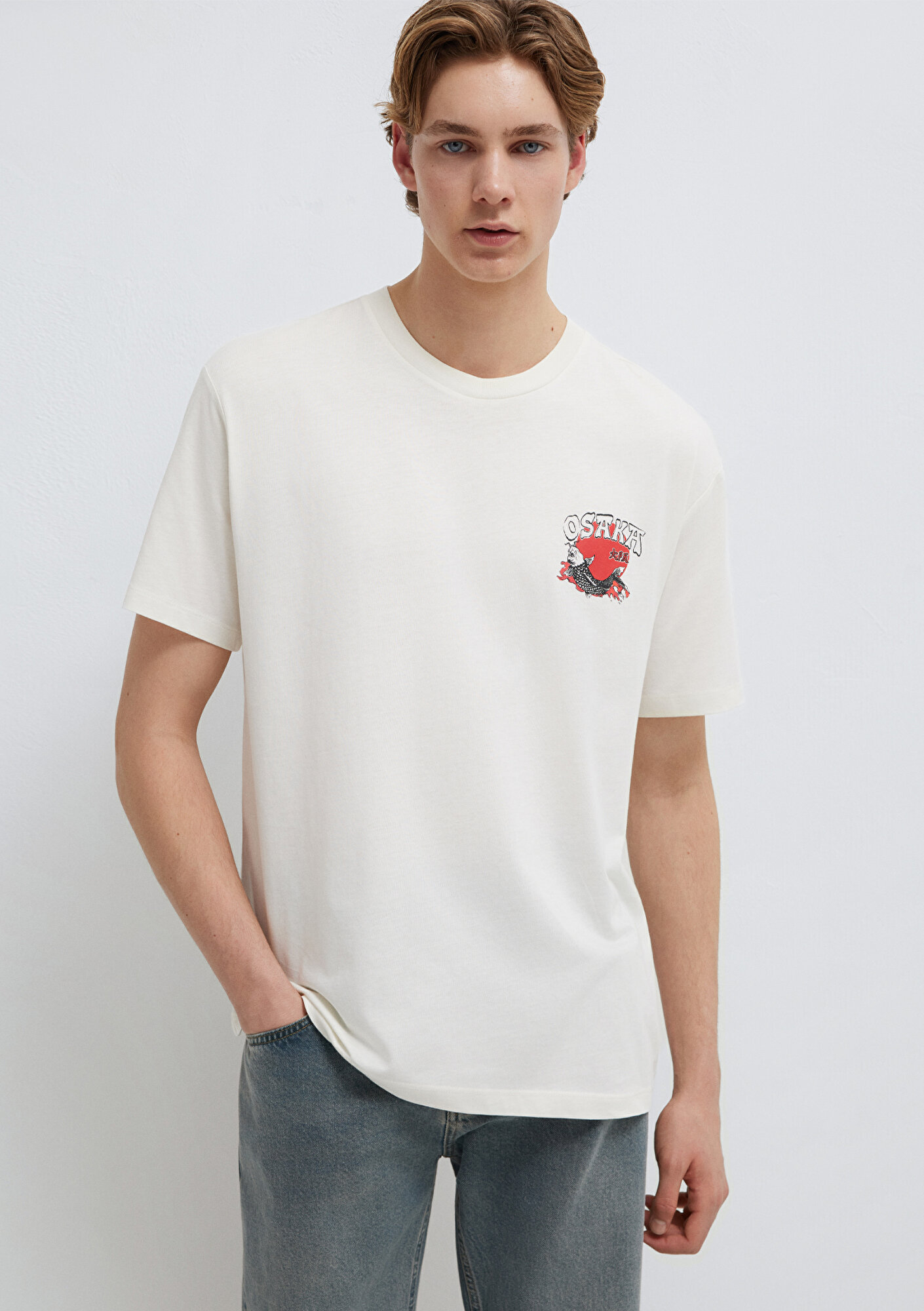 Mavi Baskılı Ekru Tişört Loose Fit / Bol Rahat Kesim 0613298-80194