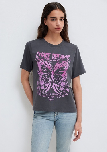  Mavi Kelebek Baskılı Gri Tişört Regular Fit / Normal Kesim 1613720-83620