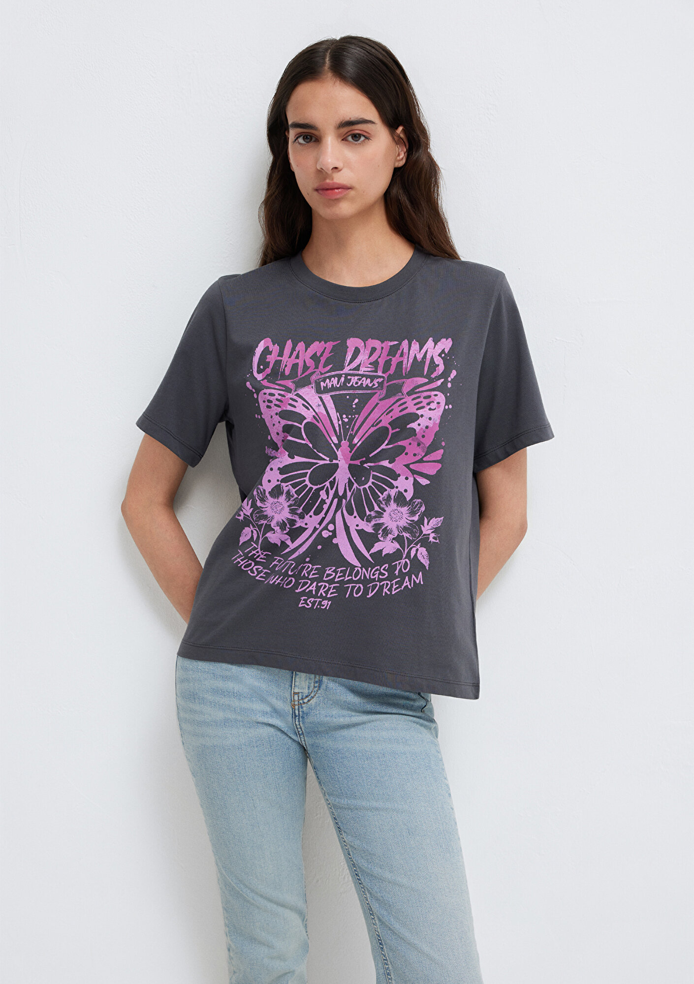 Mavi Kelebek Baskılı Gri Tişört Regular Fit / Normal Kesim 1613720-83620