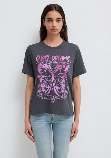  Mavi Kelebek Baskılı Gri Tişört Regular Fit / Normal Kesim 1613720-83620