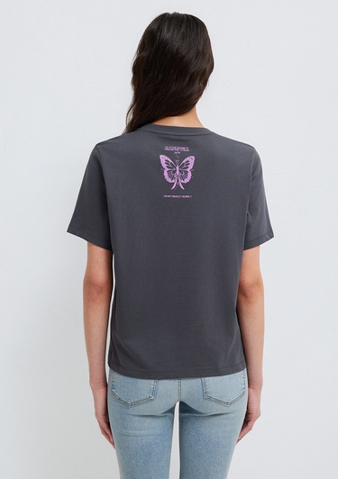  Mavi Kelebek Baskılı Gri Tişört Regular Fit / Normal Kesim 1613720-83620