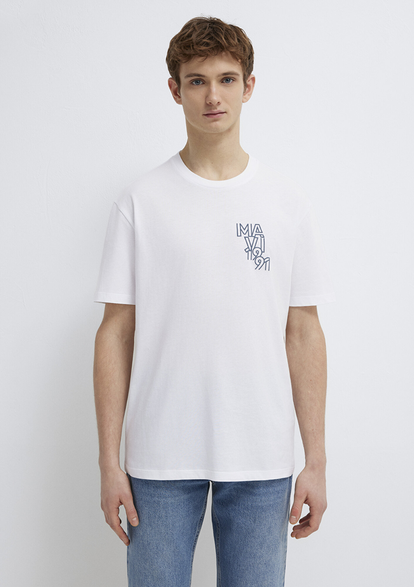  Mavi Mavi 1991 Baskılı Beyaz Tişört Loose Fit / Bol Rahat Kesim 0613147-620