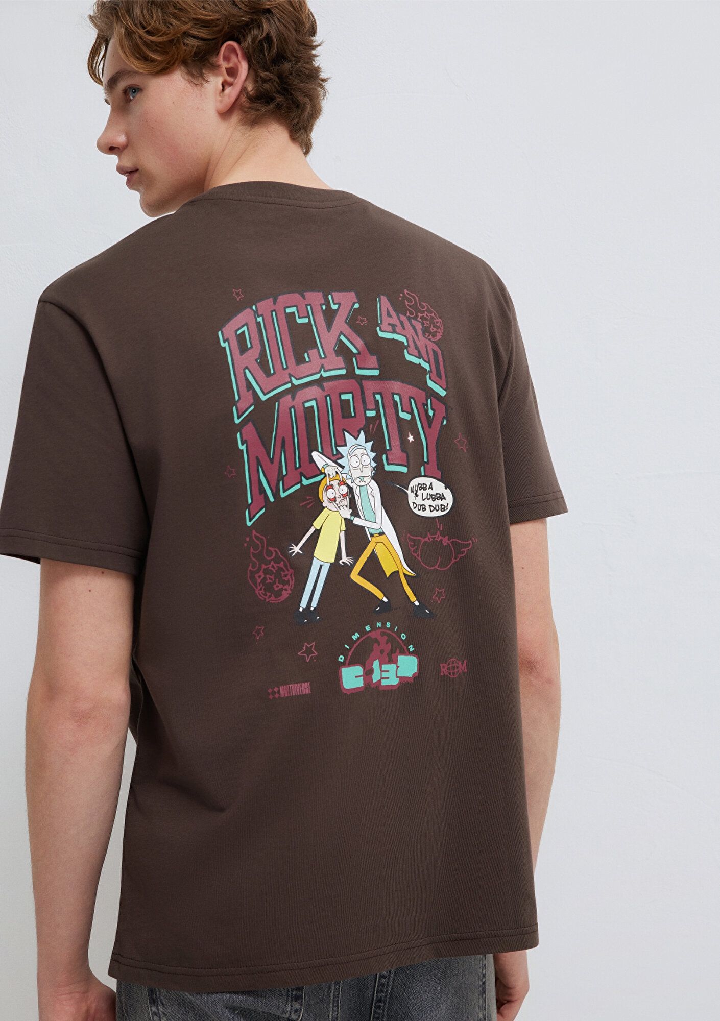  Mavi Rick and Morty Baskılı Kahverengi Tişört Loose Fit / Bol Rahat Kesim 0613205-70251