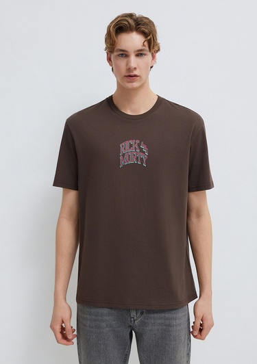  Mavi Rick and Morty Baskılı Kahverengi Tişört Loose Fit / Bol Rahat Kesim 0613205-70251