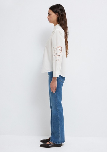  Mavi Nakış Detaylı Ekru Gömlek Loose Fit / Bol Rahat Kesim 1211382-70057