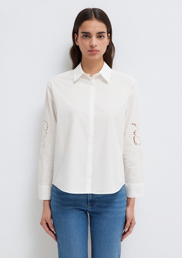  Mavi Nakış Detaylı Ekru Gömlek Loose Fit / Bol Rahat Kesim 1211382-70057