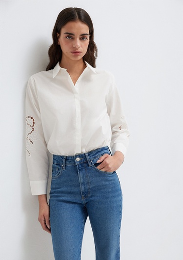  Mavi Nakış Detaylı Ekru Gömlek Loose Fit / Bol Rahat Kesim 1211382-70057