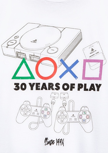  Mavi PlayStation Baskılı Beyaz Tişört Loose Fit / Bol Rahat Kesim 6610423-620