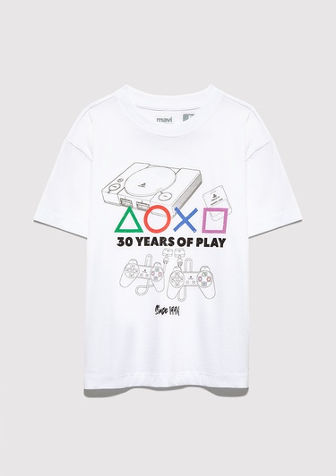  Mavi PlayStation Baskılı Beyaz Tişört Loose Fit / Bol Rahat Kesim 6610423-620