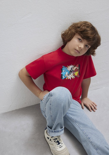  Mavi Sonic Baskılı Kırmızı Tişört Loose Fit / Bol Rahat Kesim 6610431-70478